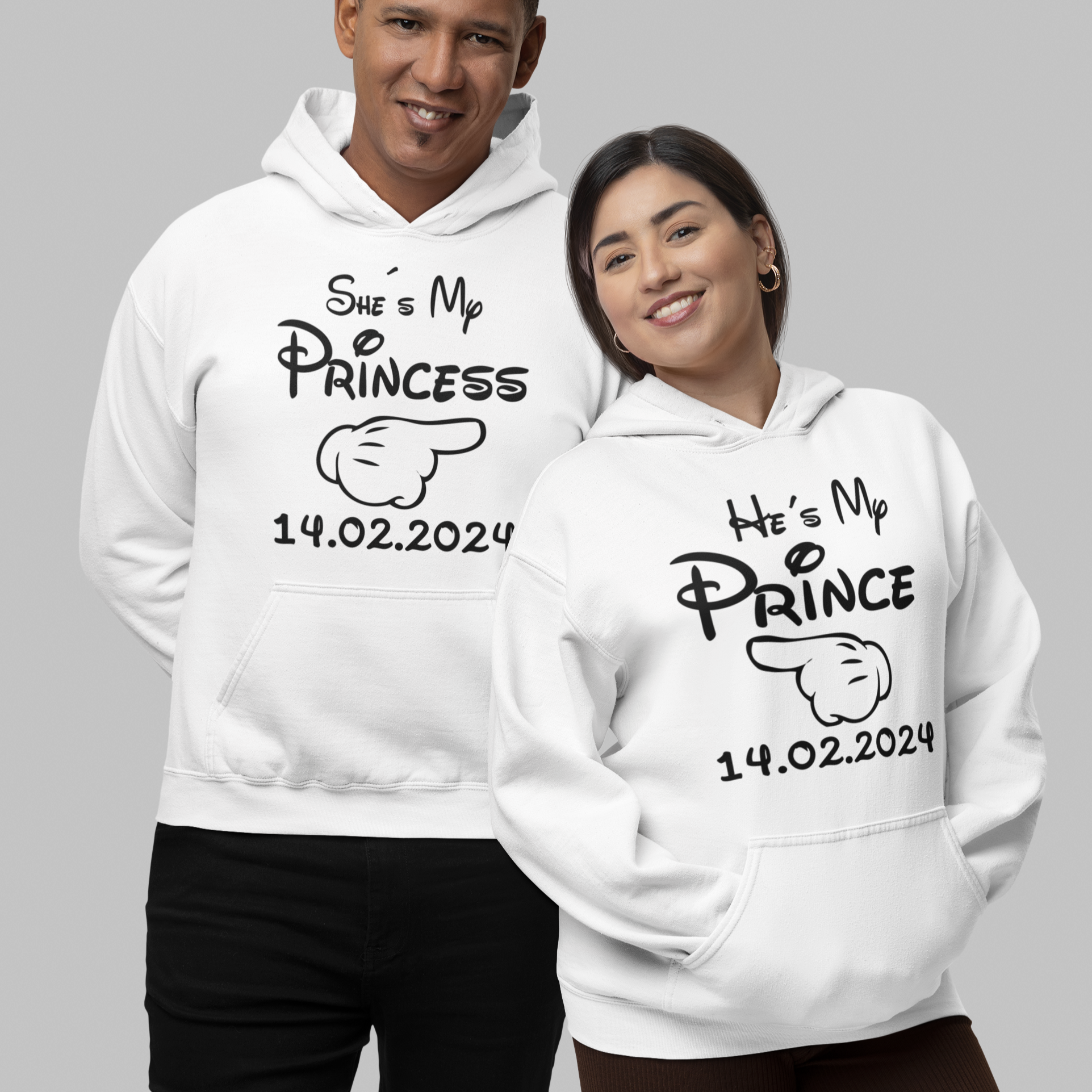 weisse partnerlook pullover mit namen bedruckt pärchen hoodies mit druck prince and princess disneyland shirts 