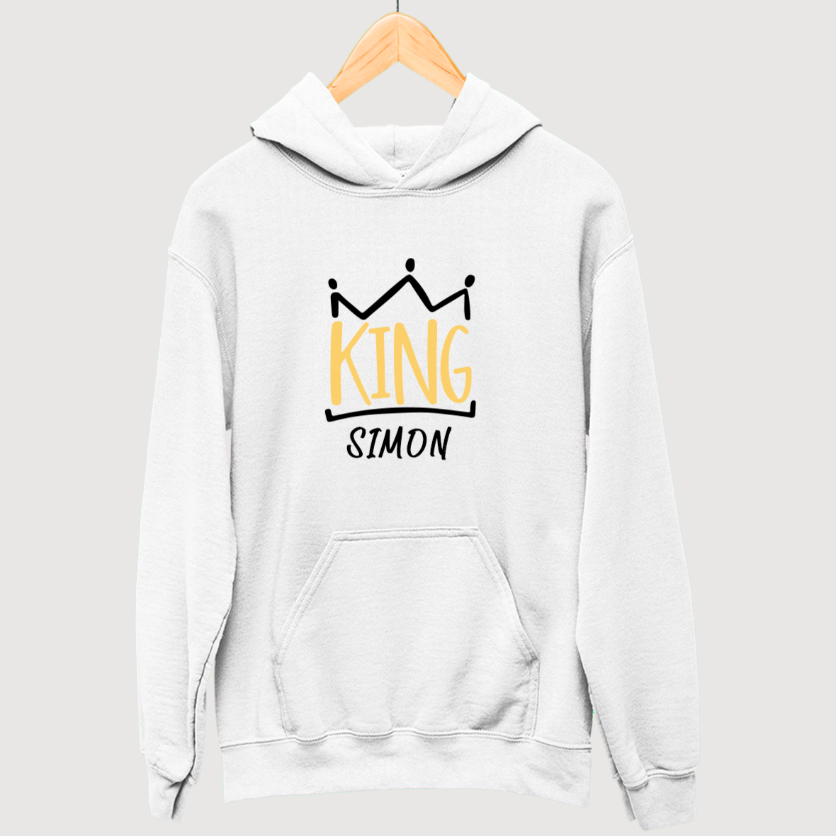 weisses king hoodie mit namen bedrucken lassen datum Geschenkidee für männer