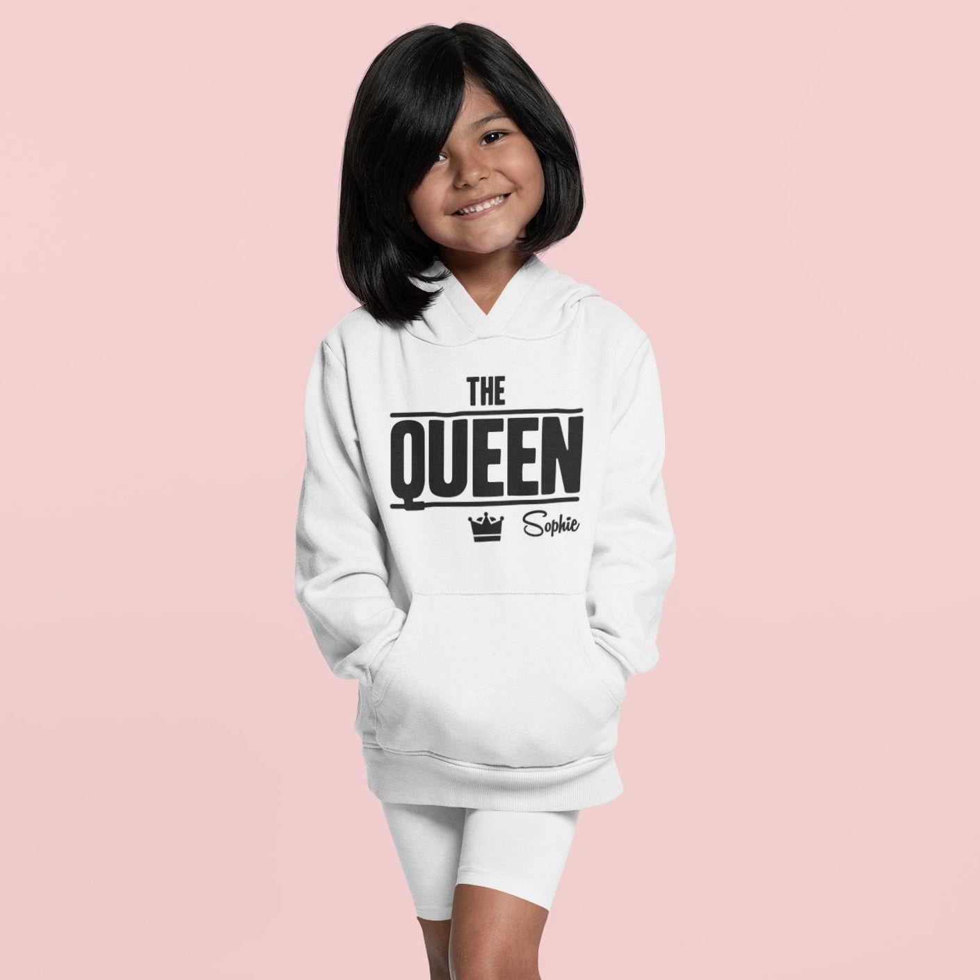 queen kinder hoodie mit namen bedrucken lassen weisses mädchen pullover mit kapuze
